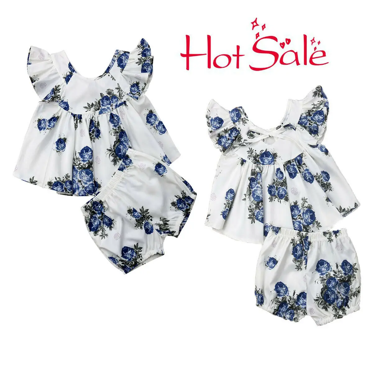 Baby Girl Kids Summer Newborn Outfits Clothes Flying Sleeve Cute Blue FlowerT-shirt Tops+Shorts Pants 2PCS Set 0-3Y | Мать и ребенок