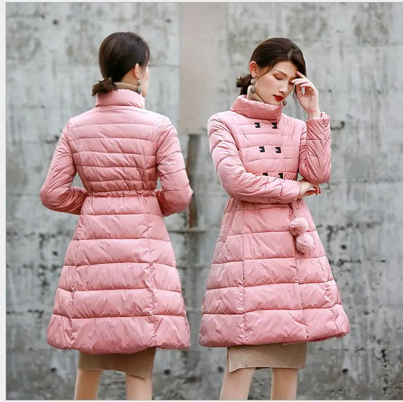pink Ботинки из органической кожи новые зимние Для женщин Jackets2018Fashion куртка А-силуэта хлопковая куртка Для женщин с пояса Кнопка зимние пальто со стоячим воротником ParkasCQ2508 - Цвет: pink
