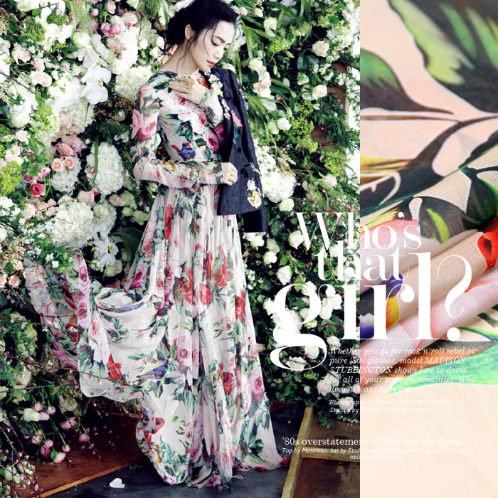 100%Pure PRINTED SILK CHIFFON 135cm width 8momme Silk Chiffon Roll Yarn Fabric New Arrival 2018 Free Shipping Dancing Rose 061 | Дом и сад