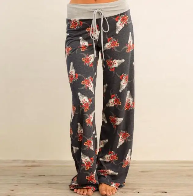 0629 dark gray Женские брюки, свободные, цветочный принт, шнурок, повседневные, широкие, брюки, женские летние брюки, длинные, тренировочные штаны размера плюс - Цвет: 0629 dark gray