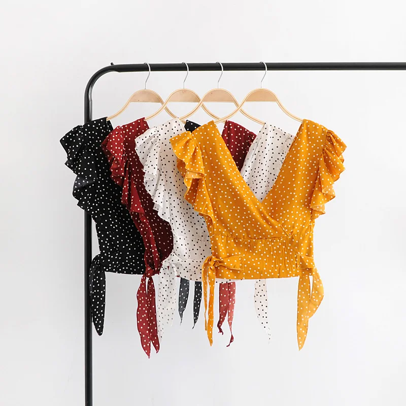 Женская шифоновая блузка в горошек летняя сексуальная v-образный вырез открытая