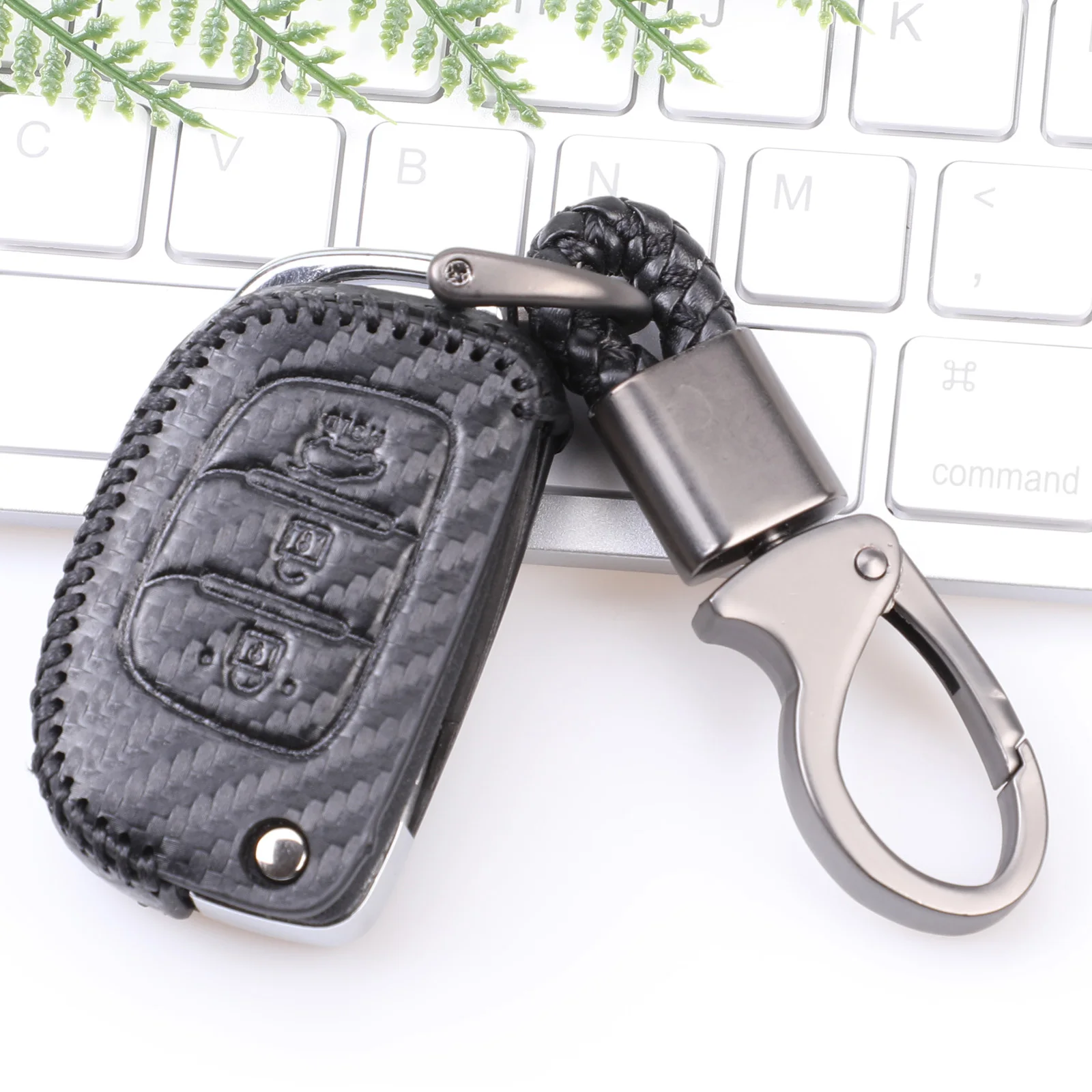 Black with Keychain Чехол для ключей из углеродистой кожи, брелок для hyundai Creta Tucson Elantra Santa Fe ix25 ix35 i20 i30 HB20 Verna Mistra - Название цвета: Black with Keychain