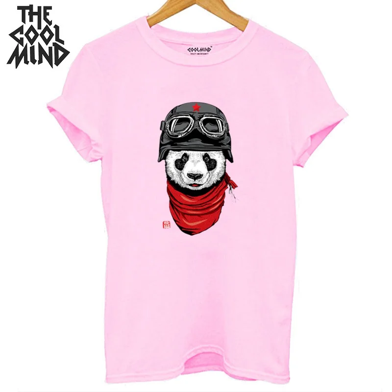 QI0428B-1PINK COOLMIND, хлопок, принт с пандой, женская футболка, повседневная, короткий рукав, женская футболка с круглым вырезом, женская футболка, женские футболки - Цвет: QI0428B-1PINK
