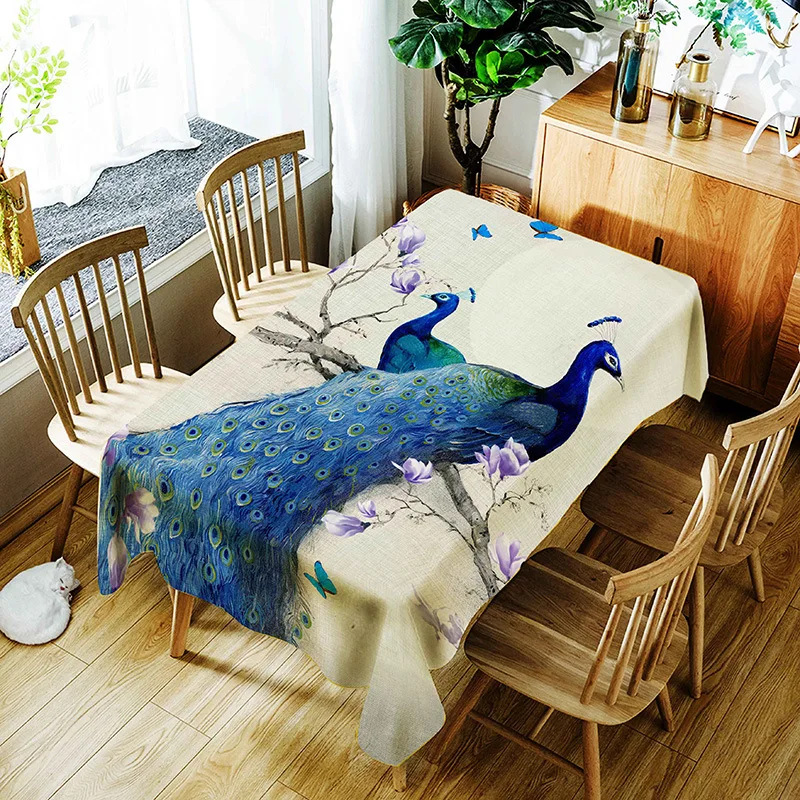 

3d Rich Peacock Tablecloth Creative Lotus and Vase Pattern Polyester Comfortable Waterproof Table Cloth Cover for Children