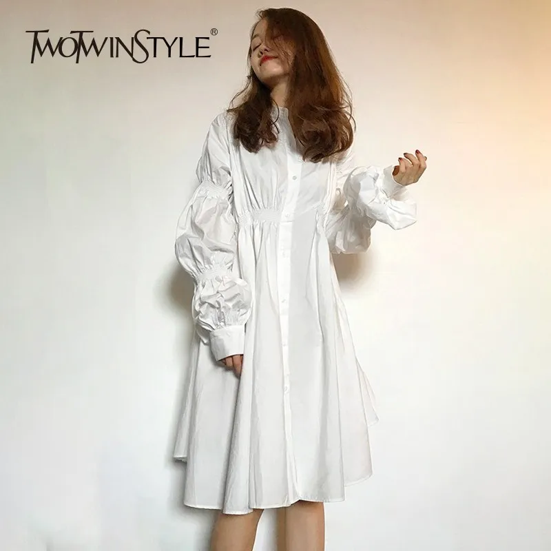 TWOTWINSTYLE платье-рубашка с рукавами-фонариками женское Повседневное платье с рюшами выше размера d Женская Повседневная модная одежда большого размера Осень Новинка