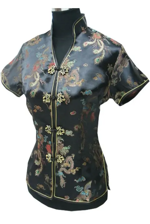 Summer Stylish Navy Blue Chinese Women Blouse Traditional Silk Satin Shirt Tops V-Neck Clothing Size S M L XL XXL XXXL WS002