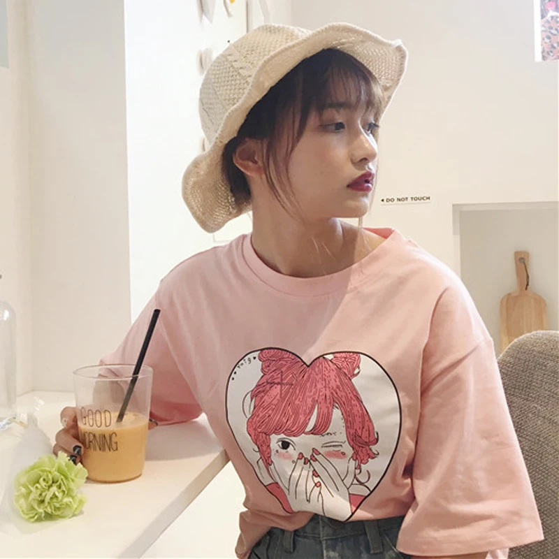 Женские футболки с коротким рукавом и принтом розовые свободные в стиле