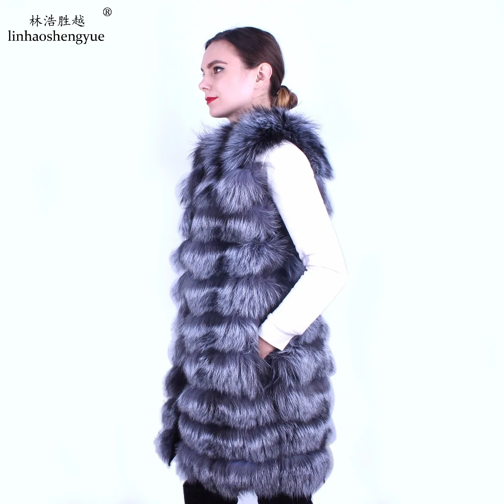 Linhaoshengyue  Women Silver Fox Fur Vest  Long Vest Real Silver Fox Fur