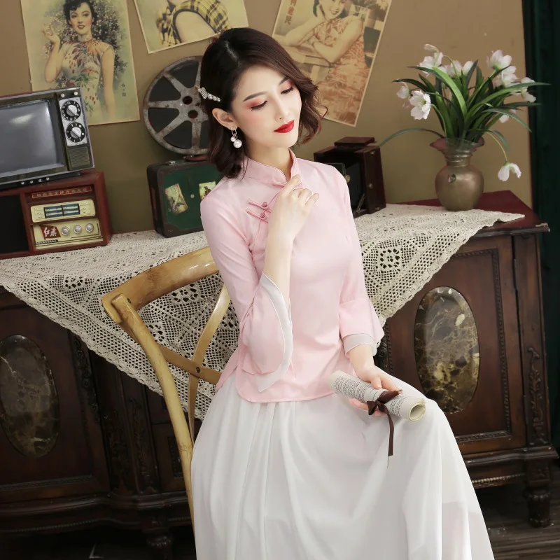 Новая улучшенная версия платья Чонсам китайский Hanfu Женский костюм Чонсам с рюшами на рукавах платье Чонсам комплект из двух предметов Размер S-3XL