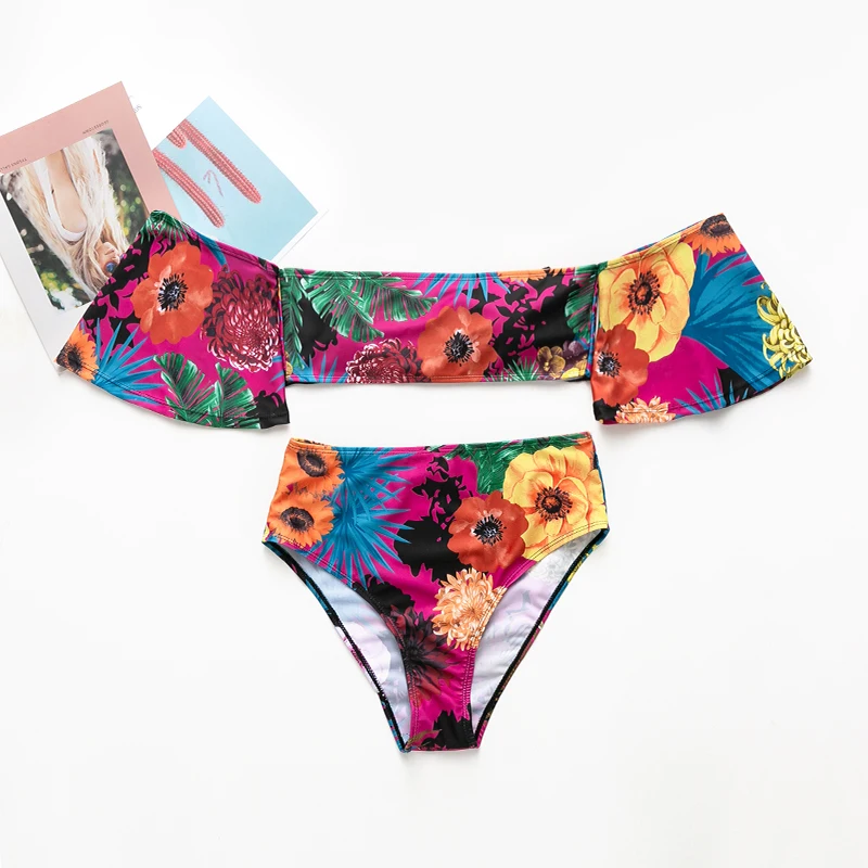 Женский купальник-бандо с высокой талией и цветочным принтом 2019 | Женская одежда