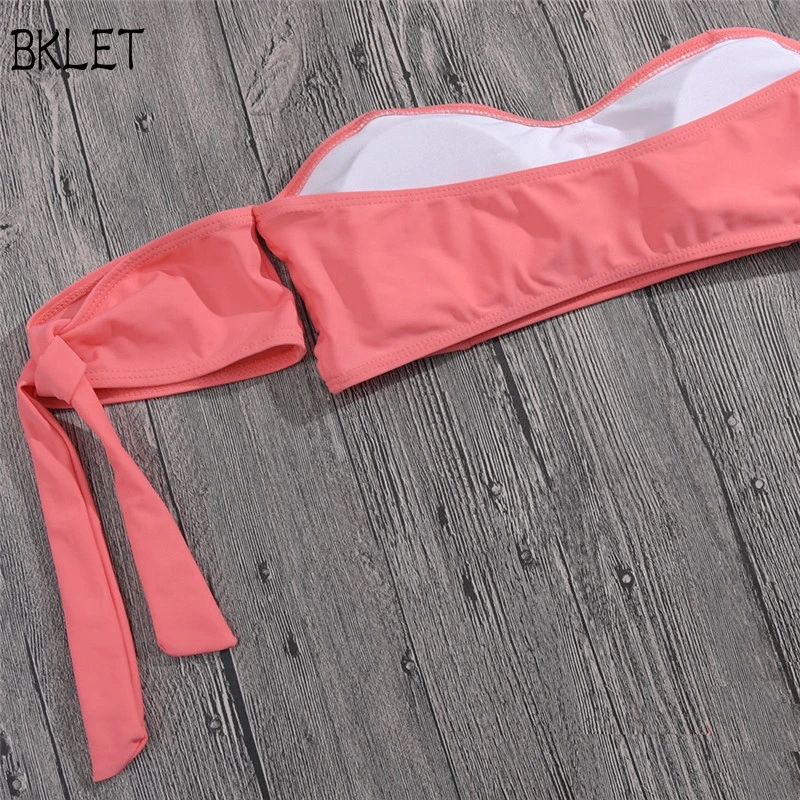 

Solid One Collar Off Shoulder Strap Bow Bikini Sets Women Pink Black Swimsuit Bandeau Swimwear Bathing Suit Biqiuni 2018