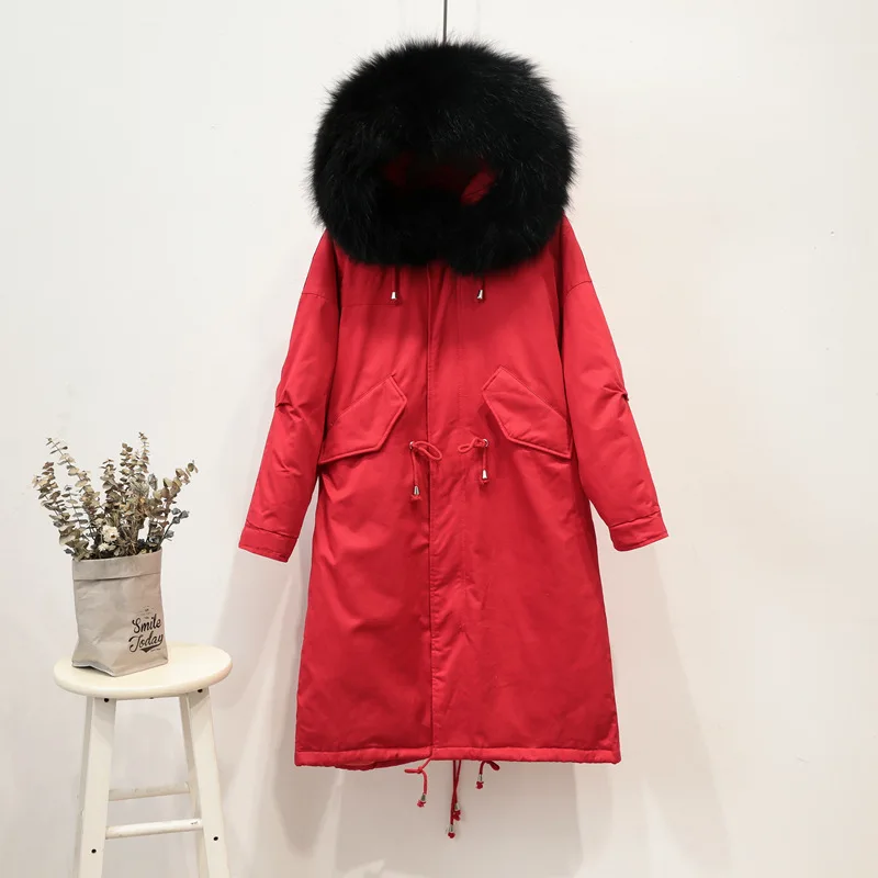 Red black fur Пальто с енотовым мехом, гусиное перо, длинное женское белое пуховое пальто, зимняя куртка размера плюс, военная парка с капюшоном, верхняя одежда Okd317 - Цвет: Red black fur