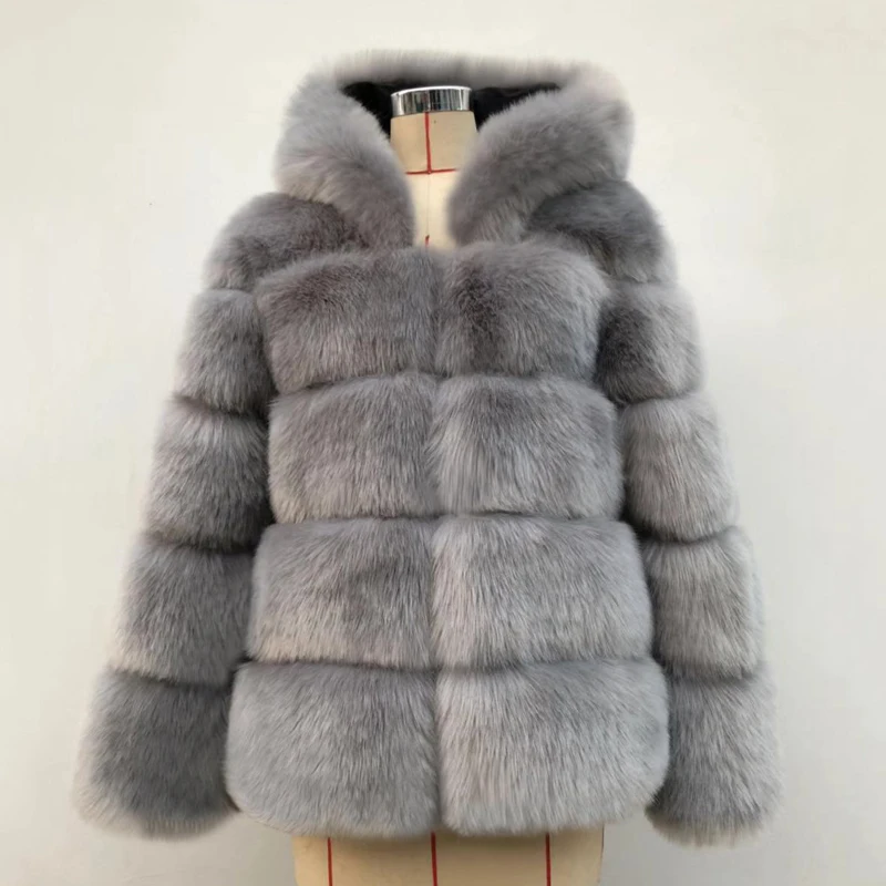 Роскошное дизайнерское пальто с капюшоном из искусственного меха, Женская куртка, зимние плотные теплые пальто, верхняя одежда, элегантная пушистая Женская куртка из лисьего меха