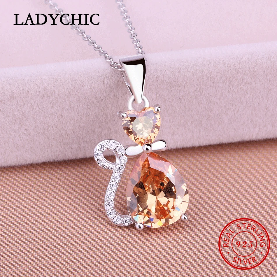 LADYCHIC, модное, подлинное 925 пробы, серебряное, домашнее животное, кошка, роскошный золотой циркон, подвеска, ожерелья для женщин, животное, ювелирное изделие, подарок, LNS1003