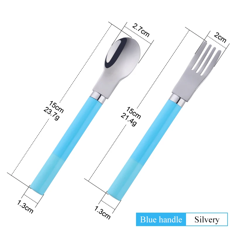 Blue-silver 1 set Детский набор ложек и вилок 2 шт. детская посуда креативные портативные серебряные столовые приборы PP ложки с ручкой набор вилок Детские Обучающие инструменты - Цвет: Blue-silver 1 set