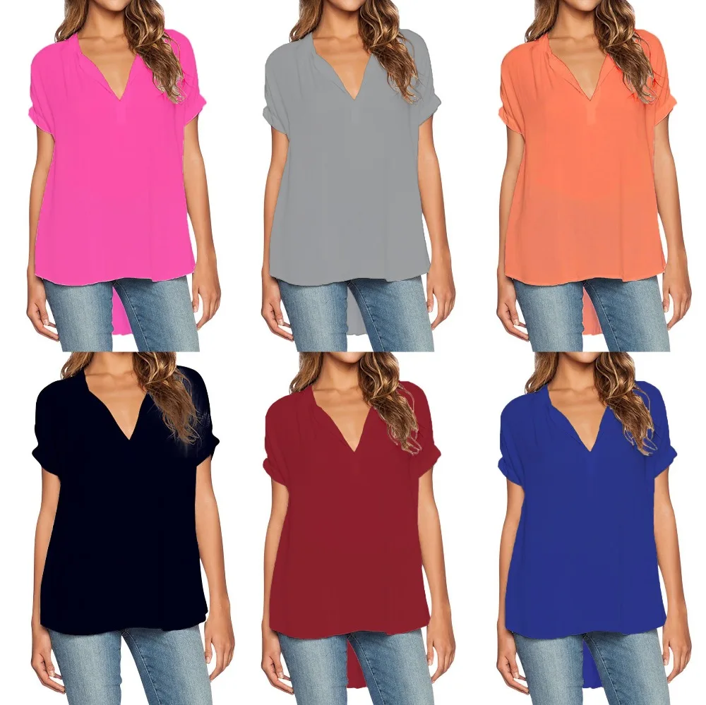 7 colors V Neck Short Sleeve White Black plus size women new summer 2017 Oversize Chiffon T-Shirts 25789 | Женская одежда