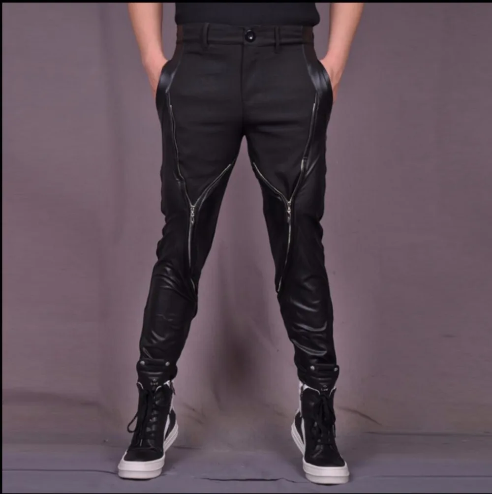 Hairstylist Men Pants Nightclubs Punk Rock Zipper Casual Pants Black Stretch Pants Splicing Leather Trousers Singer Costumes