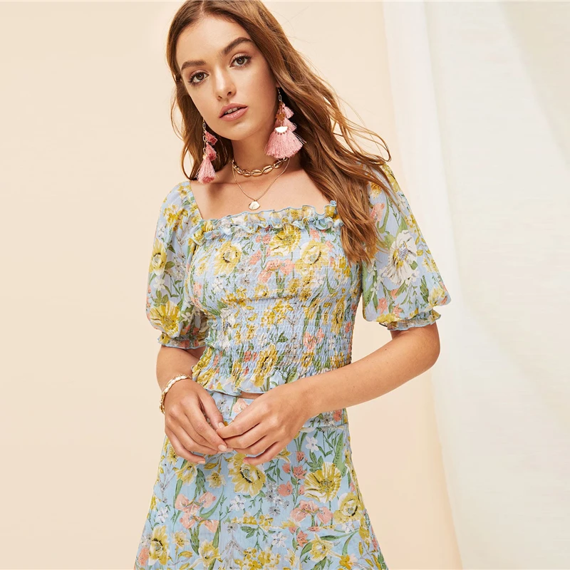 SHEIN Многослойная Асимметричная Юбка С Ботаническим Принтом Женская Летняя Многоцветная Богемная Юбка