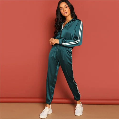 Зеленый SweatyRocks зеленый на молнии полосатая лента куртка и шнурок брюки спортивный костюм для женщин атласная уличная Весенняя Повседневная комплект из двух предметов - Цвет: Зеленый