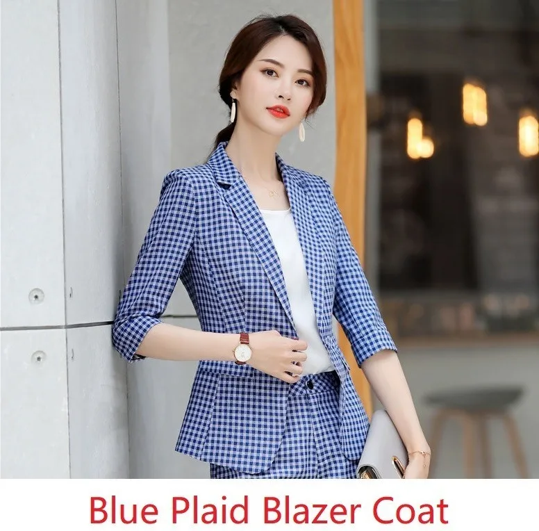 Blue Blazer Coat Модные клетчатые женские деловые блейзеры и куртки, пальто с коротким рукавом, весна-лето, Женская Офисная Рабочая одежда, Блейзер, верхняя одежда, топы - Цвет: Blue Blazer Coat