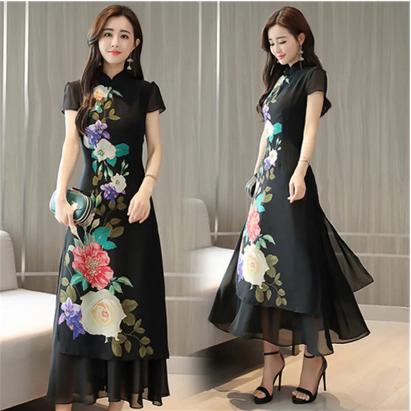 

UHYTGF Women's dress vintage print cheongsam spring summer dress Chinese style Slim long dresses Black 3XL plus size dresses 583