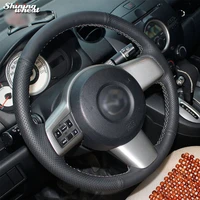 bannis black genuine leather hand stitched car steering wheel cover for mazda 2 2008 2014