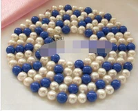 n stunning long 50 8mm white freshwater pearls blue lapis lazuli necklace