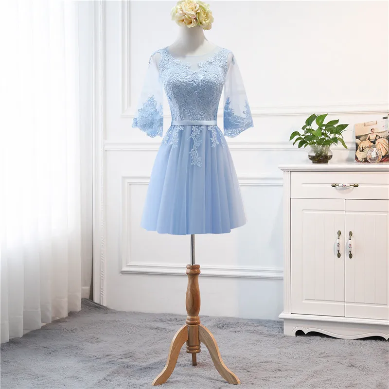 blue short Новые пастельные розовые платья для подружек невесты, кружевное платье с рукавом до локтя на весну и осень для улицы, свадебное платье, официальное платье demoiseur D'honneu - Цвет: blue short