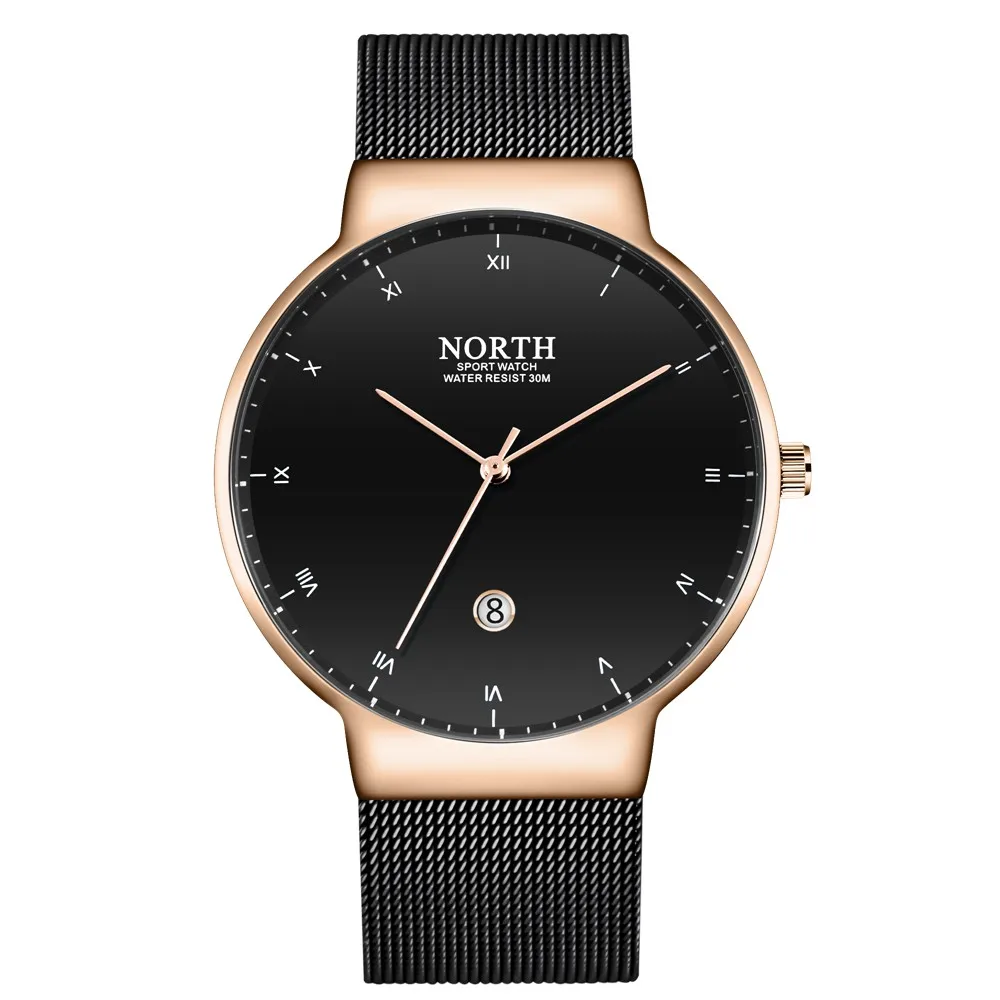 NORTH Fashion Мужские повседневные часы синие из нержавеющей стали деловые мужские часы Креативный простой минимализм кварцевые мужские наручные часы - Цвет: Черный
