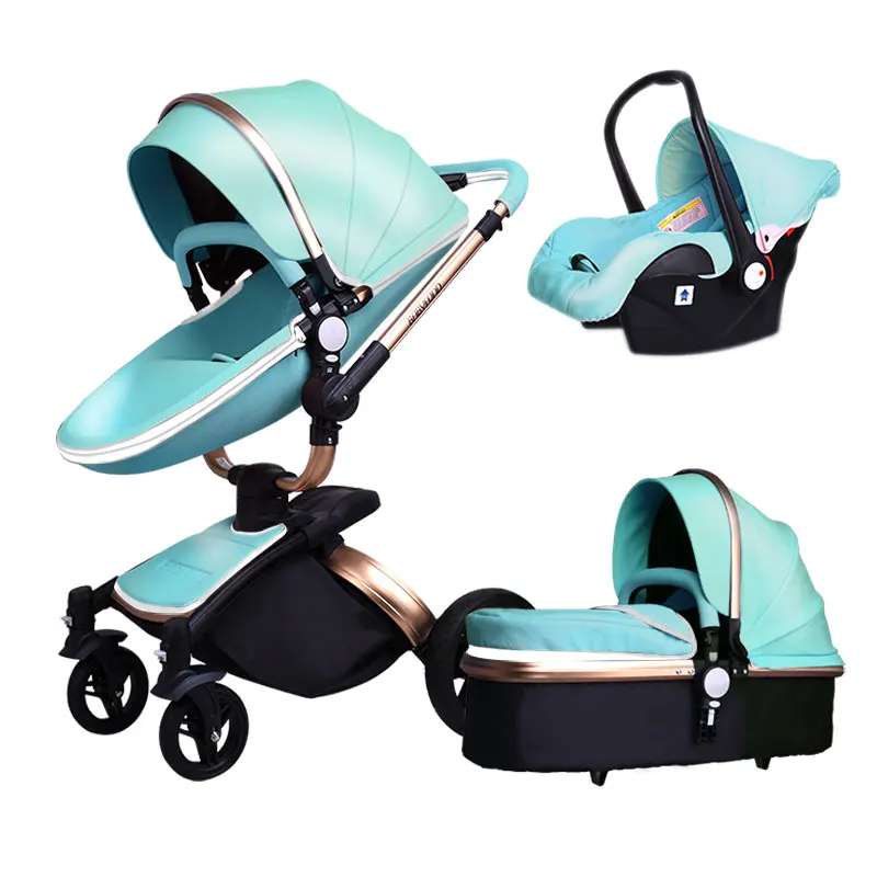 Babyfond 3 в 1 Роскошная двухходовая Складная четырехколесная детская коляска с кожаным каркасом из алюминиевого сплава, складная детская коляска - Цвет: blue