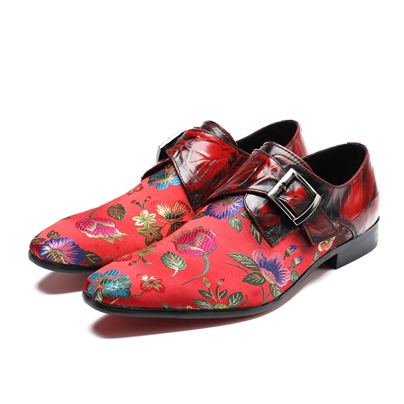 2018 Flower Print Red Black Buckle Design Men Leisure Shoes Pointed Toe Slip On Spring Autumn Casual Party Wedding Zapatos | Обувь