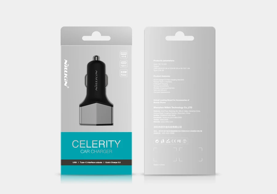 NILLKIN стремительность автомобиля Зарядное устройство 33 Вт USB quick charge 3.0 Тип-C Интерфейс для Xiaomi 5/5S Huawei p9/mate9/p10 OnePlus 2/3/3 т