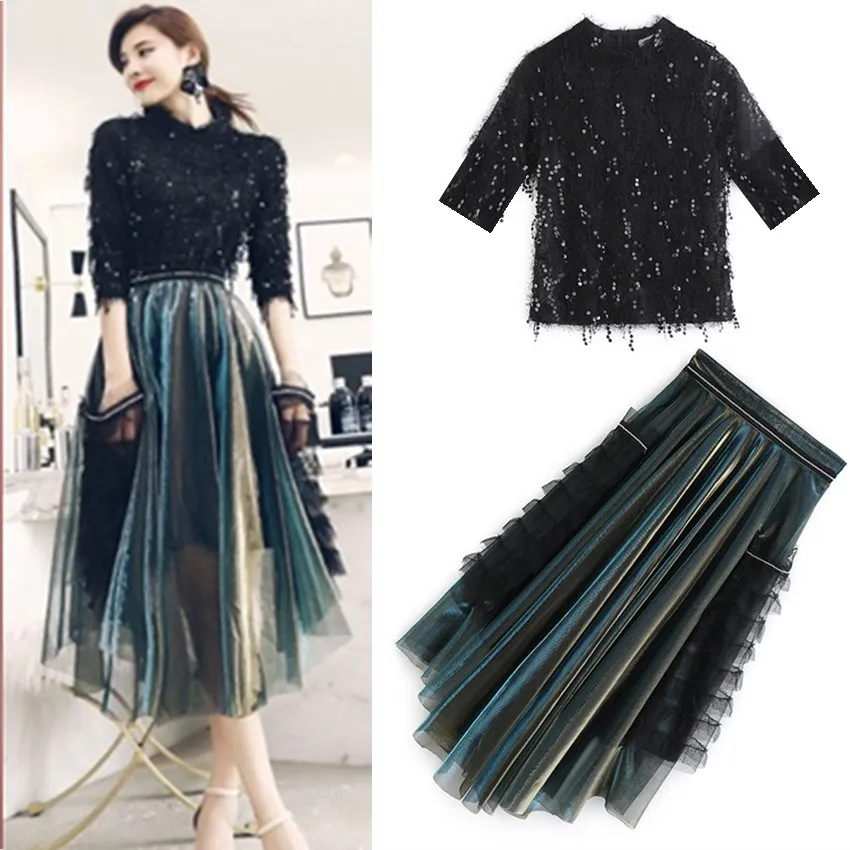 

New Spring Autumn Women's Skirts Suits Sequins Shiny Tassels Blouses Tops And Irregular Ruffles Graceful Skirt Suits Set NS218