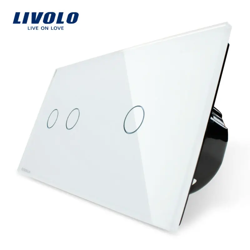 

Сенсорный выключатель Livolo, 2 клавиши, левая + 1 клавиша, правая белая панель из хрустального стекла, настенный выключатель света + светодиодны...