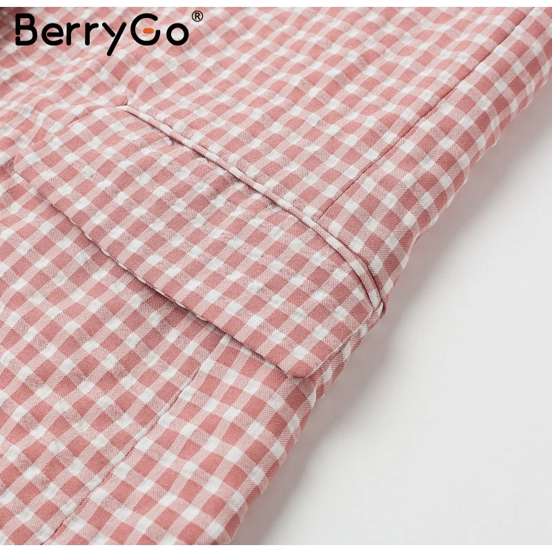 BerryGo Повседневный офисный женский розовый клетчатый блейзер с длинным рукавом и карманами, женские пальто на одной пуговице, модная верхняя одежда, шикарные топы, блейзер