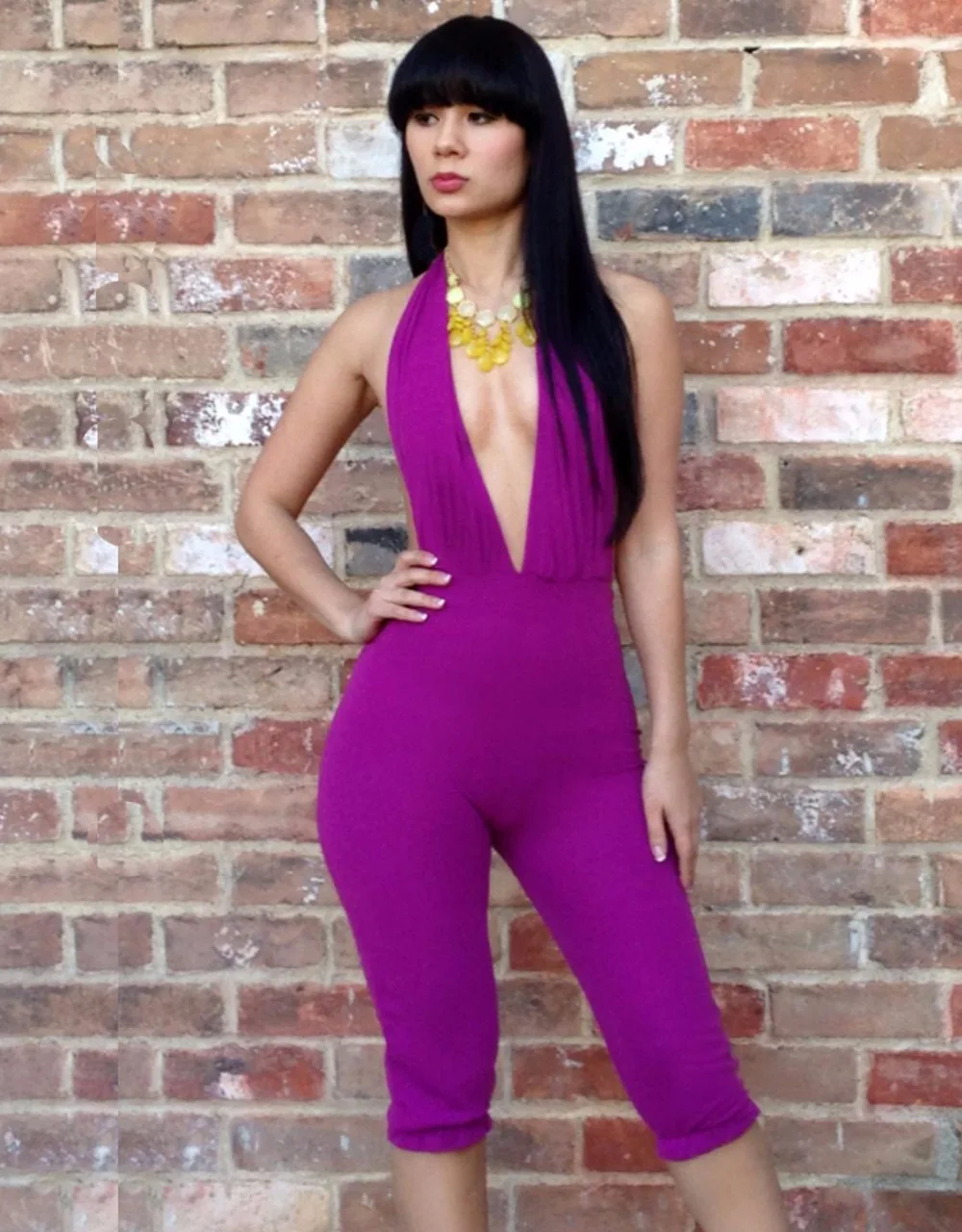

Sexy Woman Purple Plunge V Neck Solid Halter Calf Length Pants Skinny Jumpsuits Fashion Clubwear Bodysuit Romper