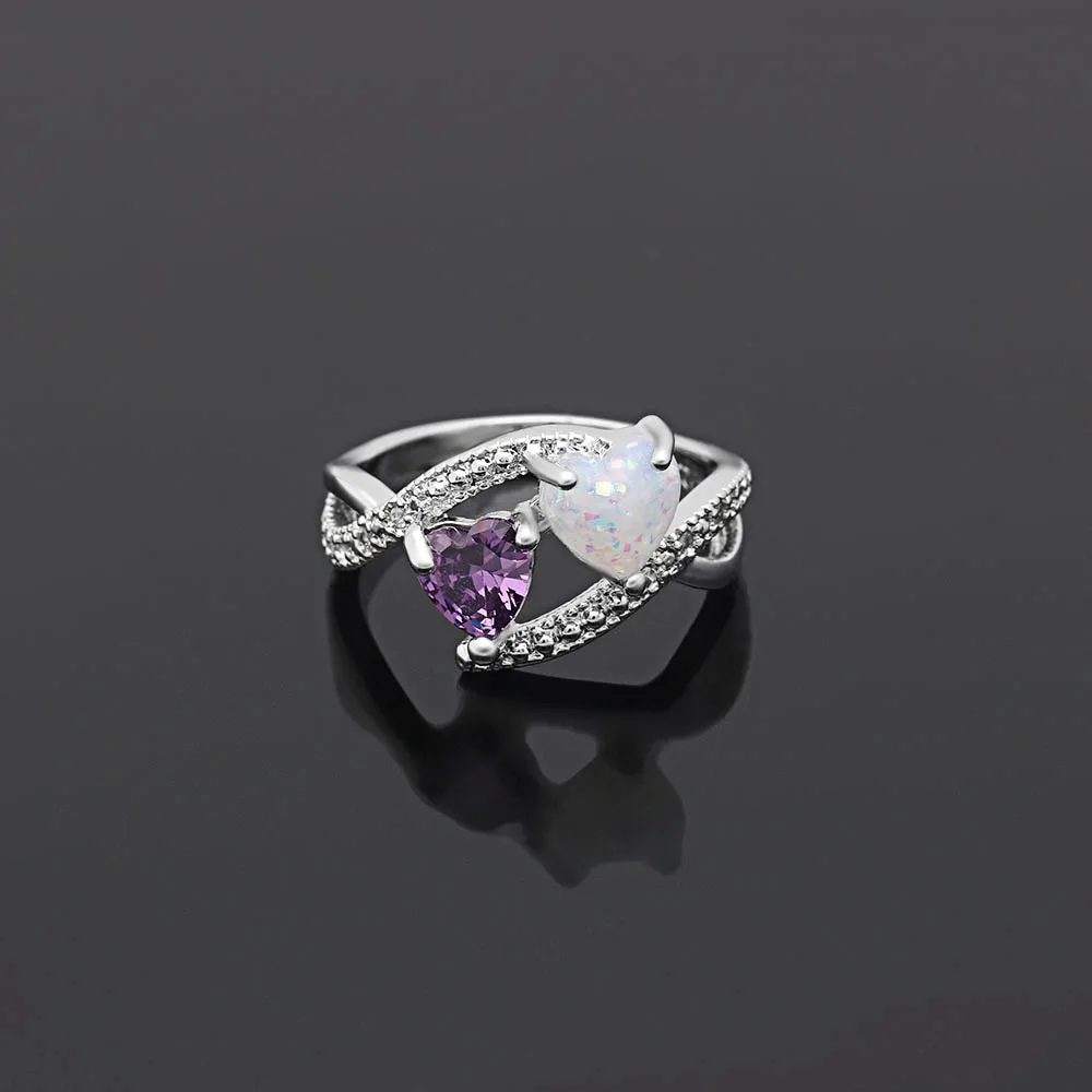 Женское кольцо с фианитом Love Opal фиолетовое Кристальный в виде сердца белым