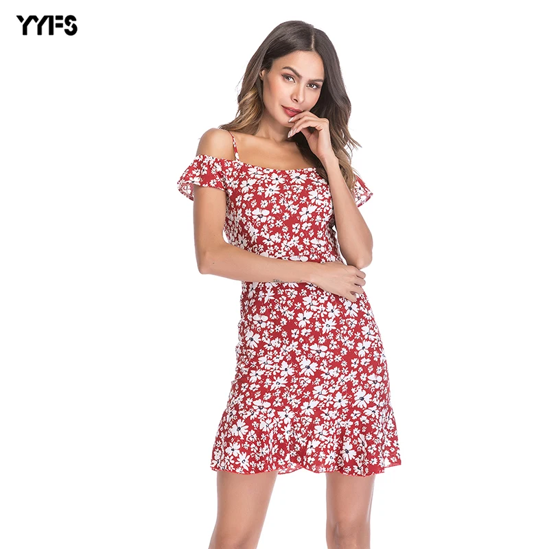 Лето 2018 женское шифоновое платье с платьем бретелькой через шею воланом лист