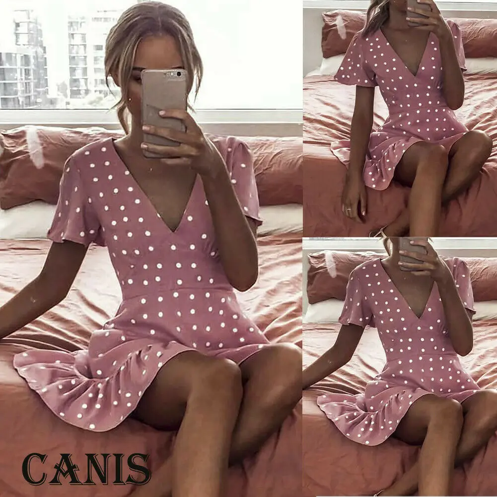 Женское праздничное пляжное платье в горошек с v-образным вырезом и коротким