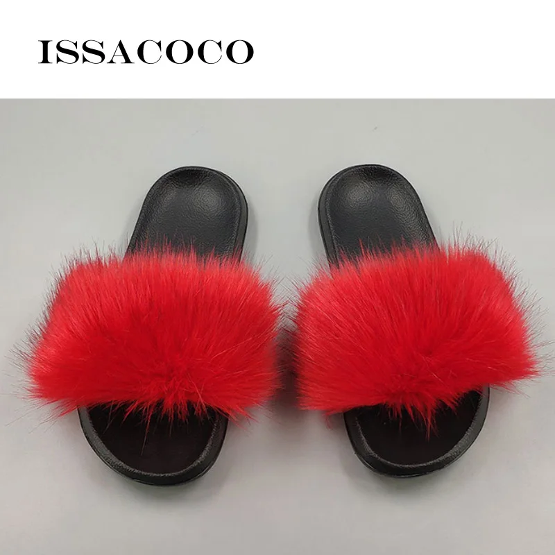 Red ISSACOCO/женские шлепанцы из натурального Лисьего меха; женские нескользящие пушистые меховые тапочки; женские пушистые тапочки; милые плюшевые тапочки с лисьим мехом - Цвет: Red