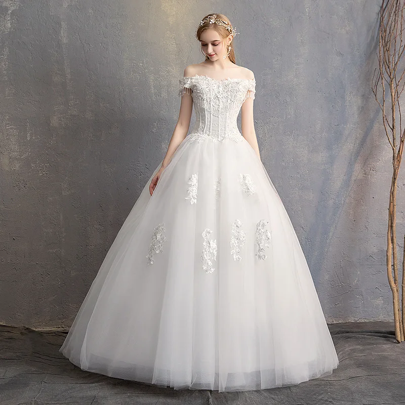 2019 свадебное платье новое Mrs Win лодка бальное с круглым вырезом открытыми плечами