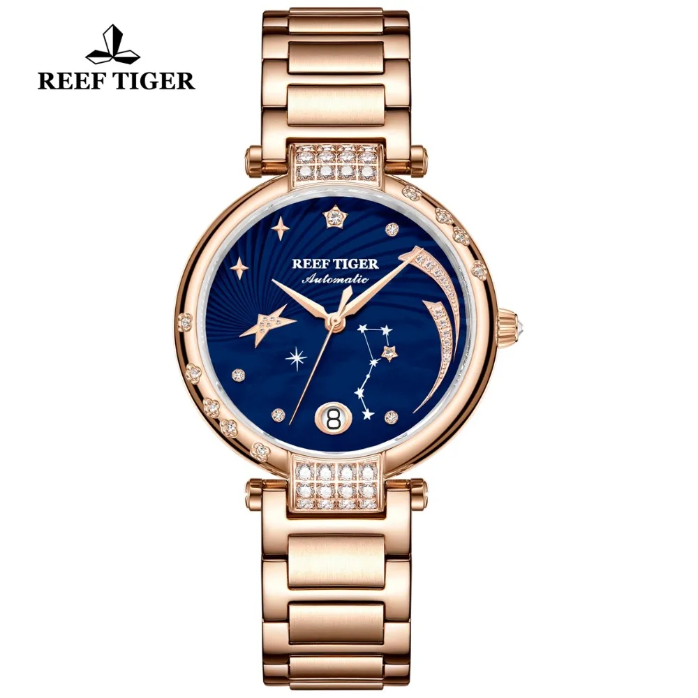 Reef Tiger/RT Luxury Fashion Automatic Watches for Women Rose Gold Diamond Bule Dial Ladies Bracelet Watch Love Galaxy RGA1592 enlarge