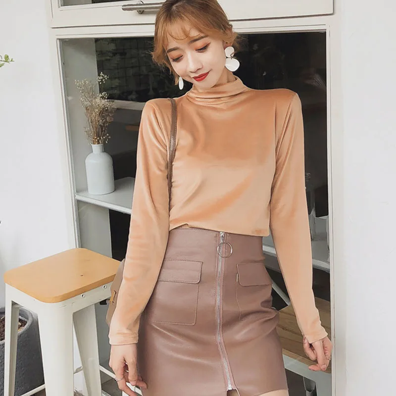 Женская велюровая облегающая футболка однотонная Водолазка с длинным рукавом