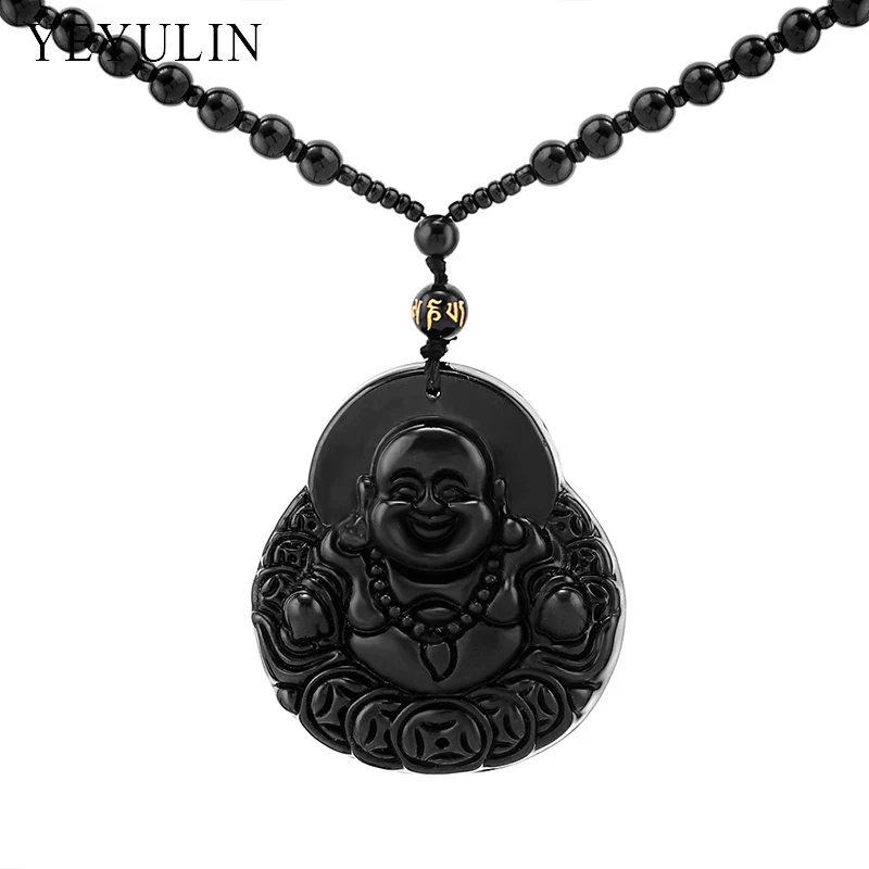 Чудесный резной кулон с изображением Будды и Гуаньинь Maitreya Lion Black Obsidian Lucky blession ожерелье ювелирные изделия для женщин и мужчин - Окраска металла: A