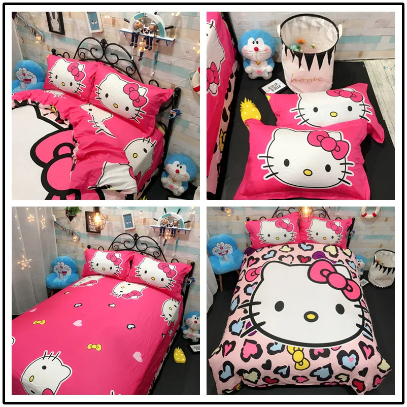 Hello kitty Милый хлопковый Детский Комплект постельного белья, простыня фиолетового цвета, мультяшная девочка KT, 4 шт., милые пододеяльники и одеяла, розовый цвет