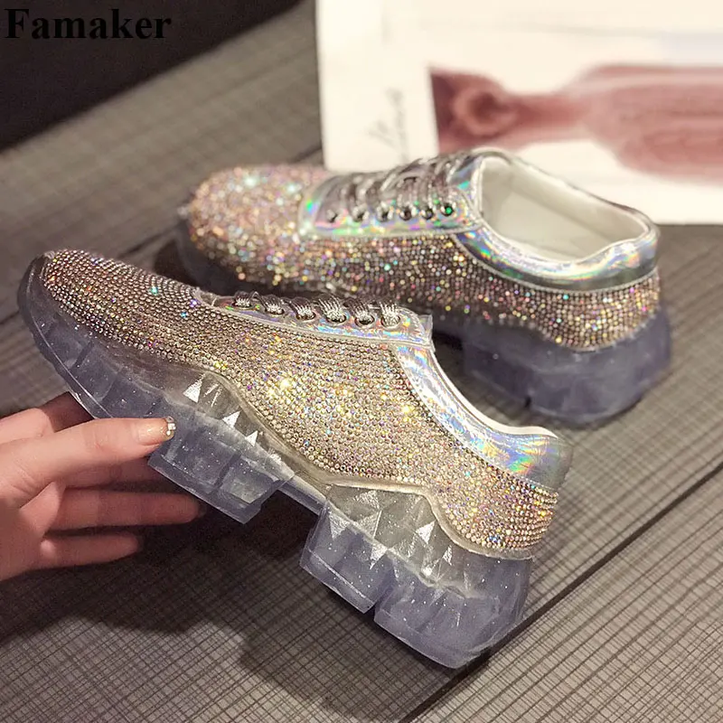 Famaker 2019 Кристалл женская повседневная обувь модные женские кроссовки на плоской