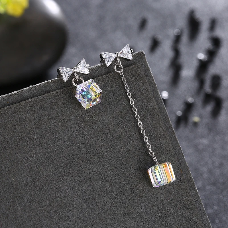 LEKANI Crystals From SWAROVSKI Colorful Cube Beads Drop Earrings Asymmetric S925 Silver Piercing For Women Gifts Fine Jewelry | Украшения и