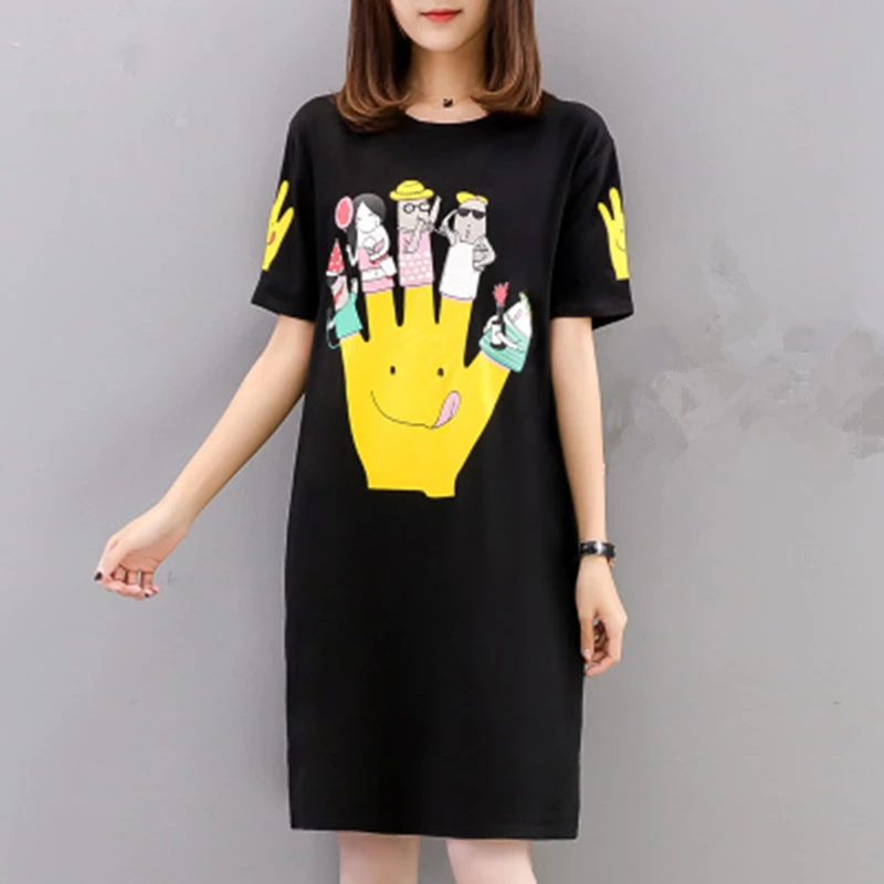 

2022 Summer New Fashion Ladies Tshirt Tops Femme Short Sleeve Long Section Cut Finger Cartoon Print Pattern Loose T-Shirt H2125