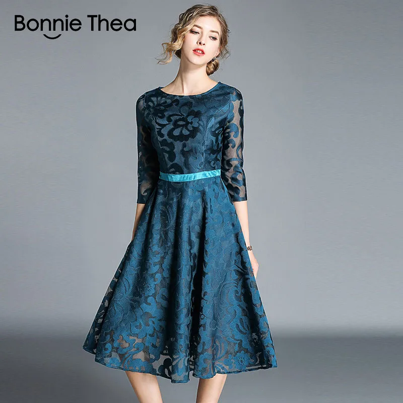 Bonnie Thea женское синее кружевное элегантное платье с вышивкой женское весеннее Платье женское длинное платье в стиле ретро
