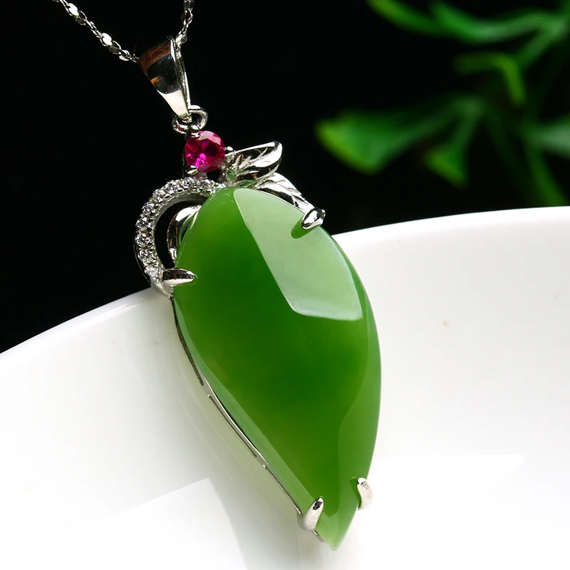 

925 silver Natural Green HeTian Yu Gem Stone Inlay Beauty Design Dangle Lucky Pendant Necklace + certificate Fine Jewelry